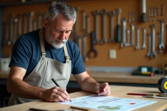 Homme adulte en tablier de bricolage consultant une fiche pédagogique étape par étape sur un établi en bois bien équipé