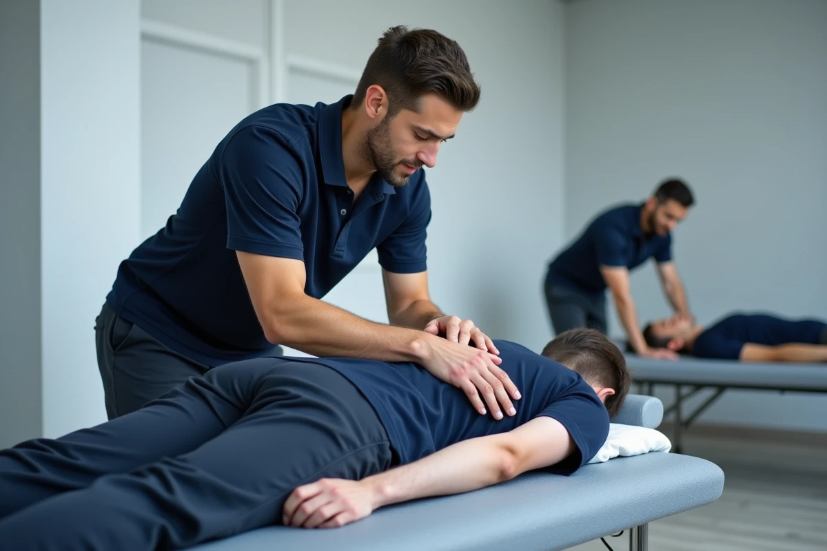 Étudiant en ostéopathie pratiquant une technique manuelle sur un patient lors d'un cours pratique en école