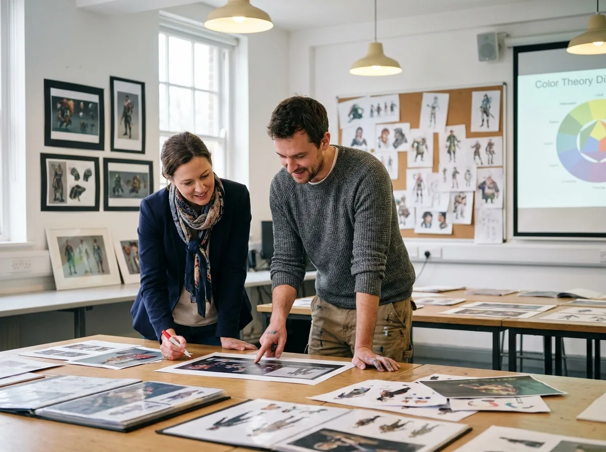 Deux étudiants en cursus concept art analysant des planches de portfolio lors d'une session de critique artistique
