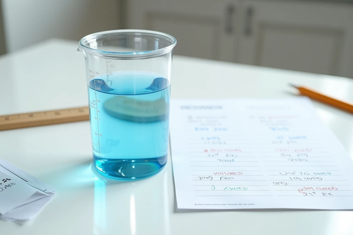 Vue du dessus d'un cylindre gradué, d'une feuille d'exercices corrigés sur le calcul de volume en litres et d'une règle sur une table blanche