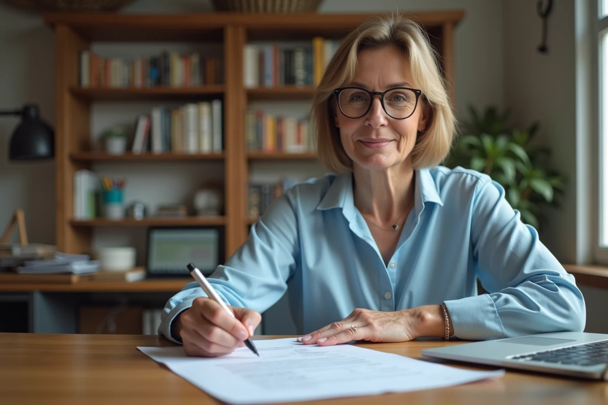 Mère de famille remplissant un dossier de dérogation scolaire à son bureau à domicile