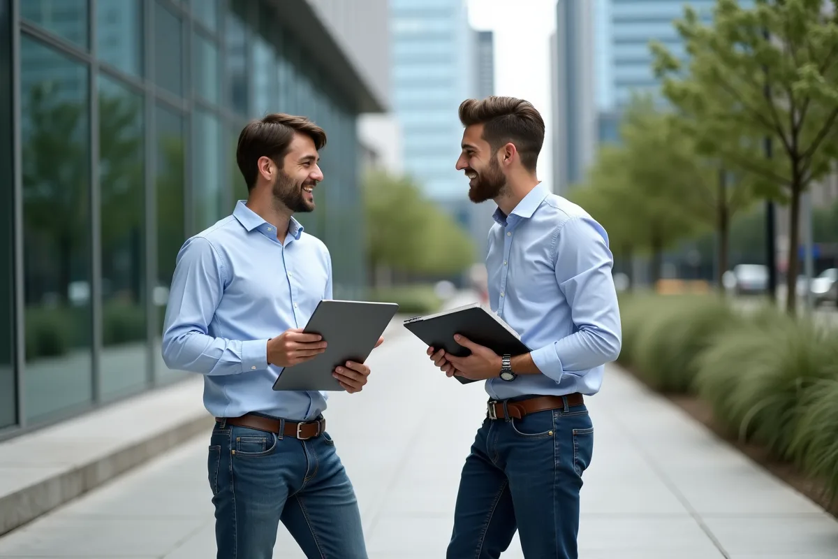 Deux hommes discutant devant un bâtiment moderne