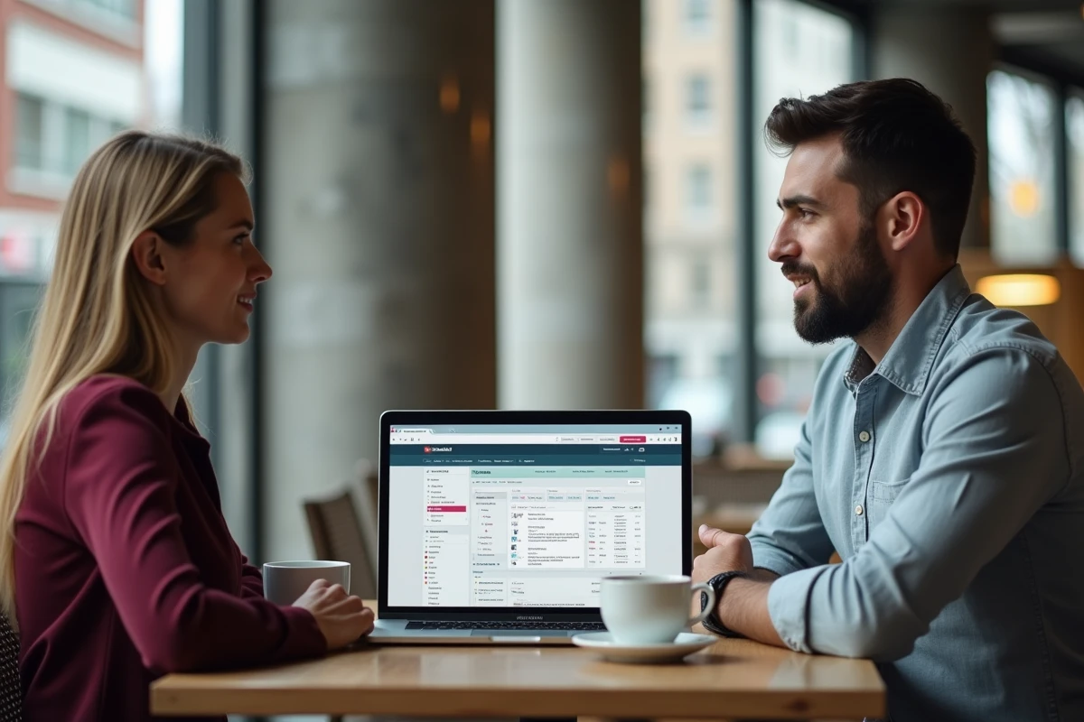 Deux professionnels du marketing digital discutant d'un abonnement à une formation email dans un café urbain moderne