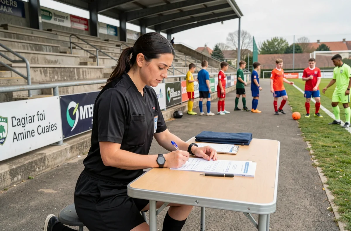Arbitre du District de la Somme de Football vérifiant des documents officiels lors d'un match de jeunes