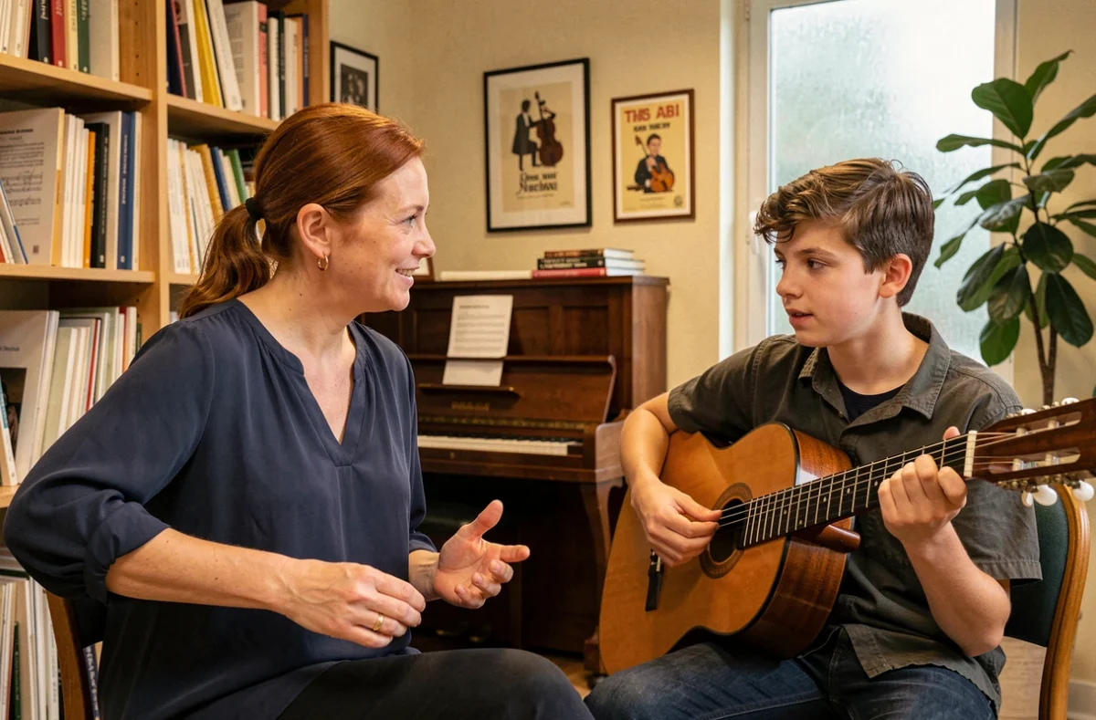 Professeure donnant un cours de guitare à un adolescent à l'École John de Toulouse