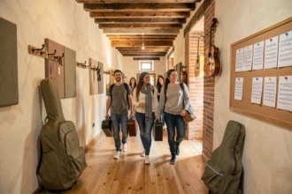 Couloir animé d'une école de musique en Occitanie avec des élèves portant des instruments
