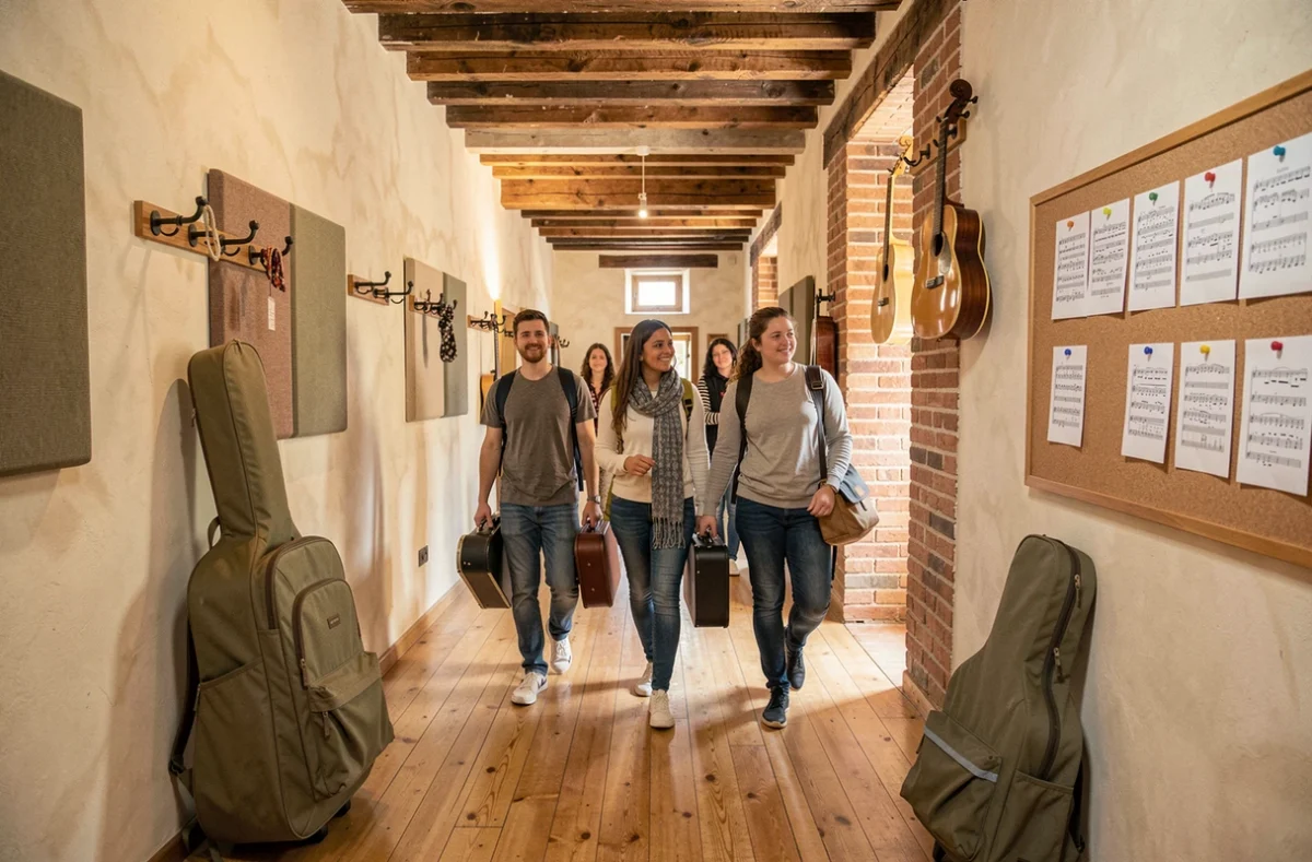 Couloir animé d'une école de musique en Occitanie avec des élèves portant des instruments