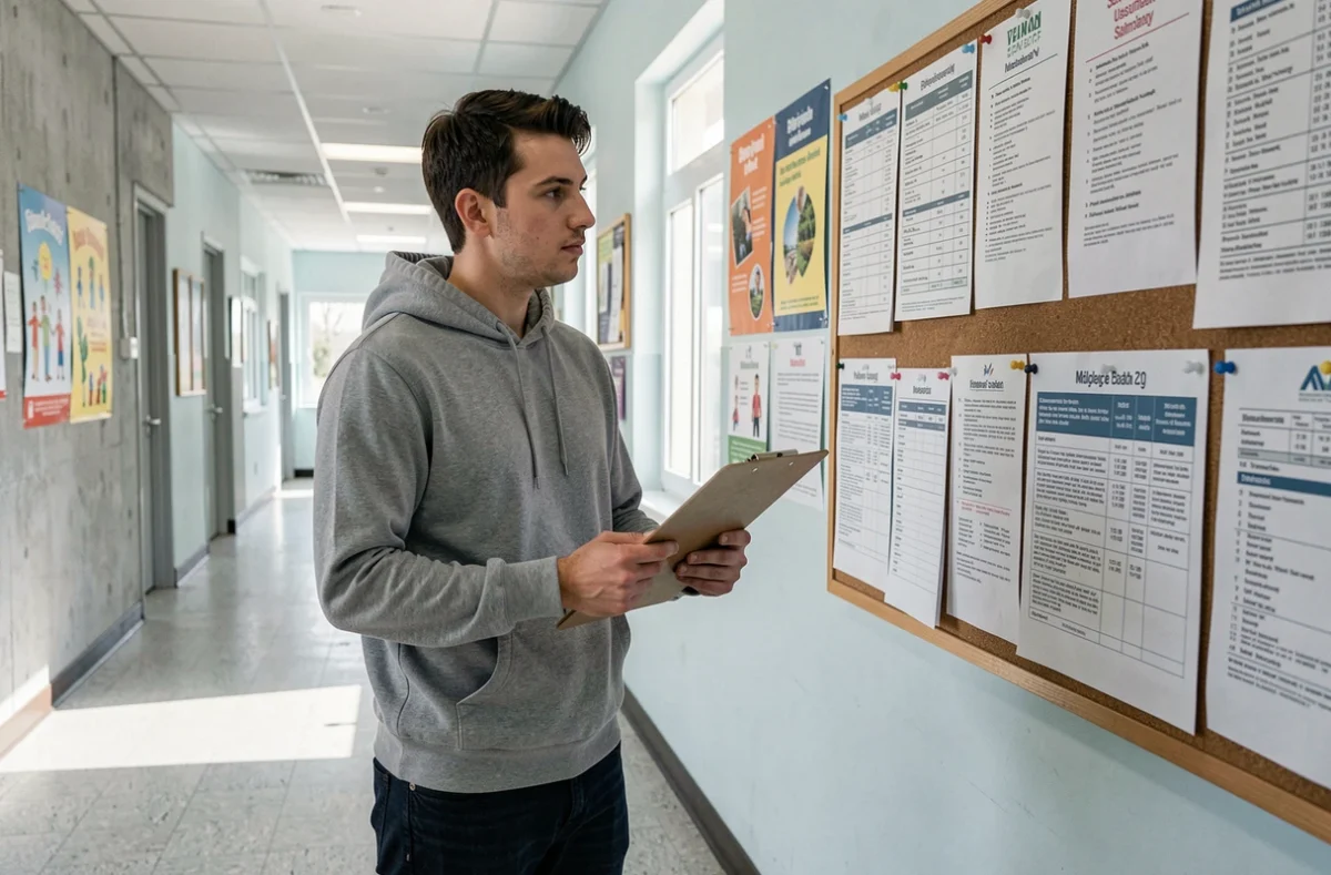 Jeune éducateur spécialisé débutant consultant un tableau d'affichage dans un couloir de centre socio-éducatif avec un clipboard à la main