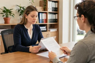 Jeune éducatrice spécialisée débutante consultant des documents professionnels dans un bureau de travail social lors d'une réunion avec un collègue