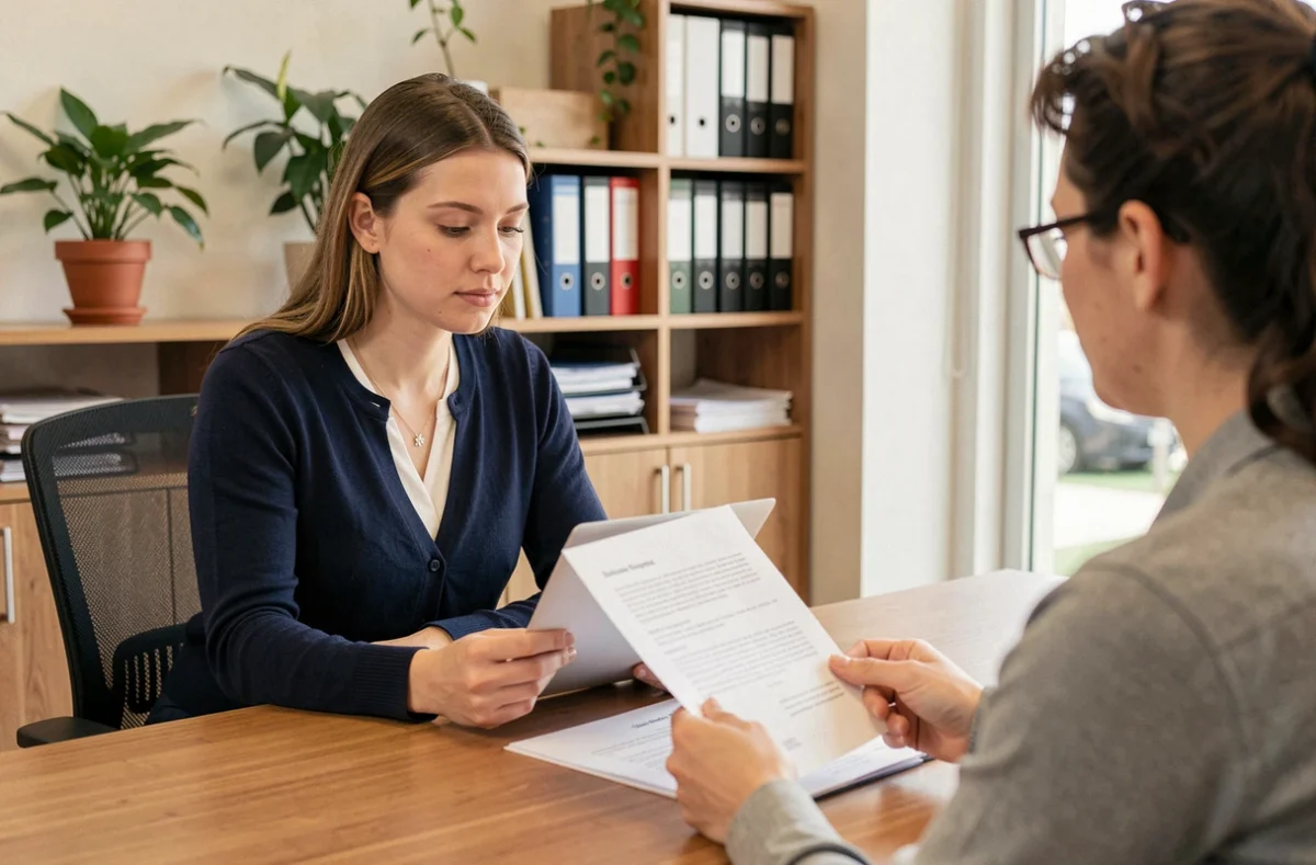 Jeune éducatrice spécialisée débutante consultant des documents professionnels dans un bureau de travail social lors d'une réunion avec un collègue