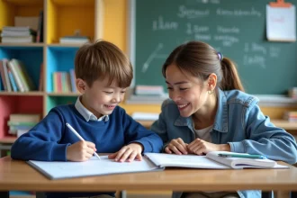Enfant attentif en classe avec assistante scolaire bienveillante