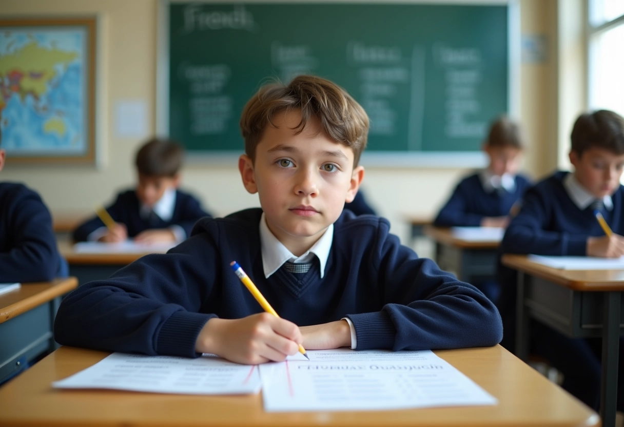 Jeune garçon en classe remplissant une fiche de grammaire française