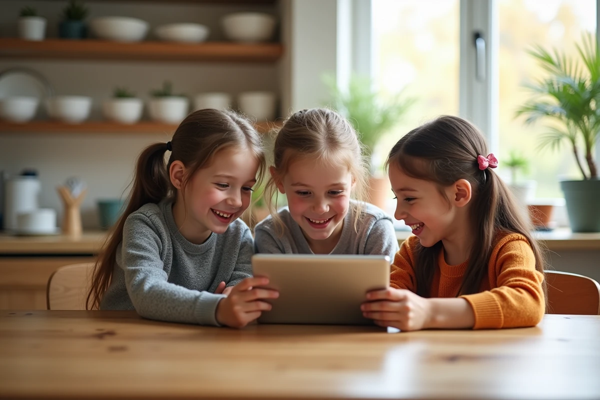 Trois enfants apprenant avec une tablette dans la cuisine lumineuse