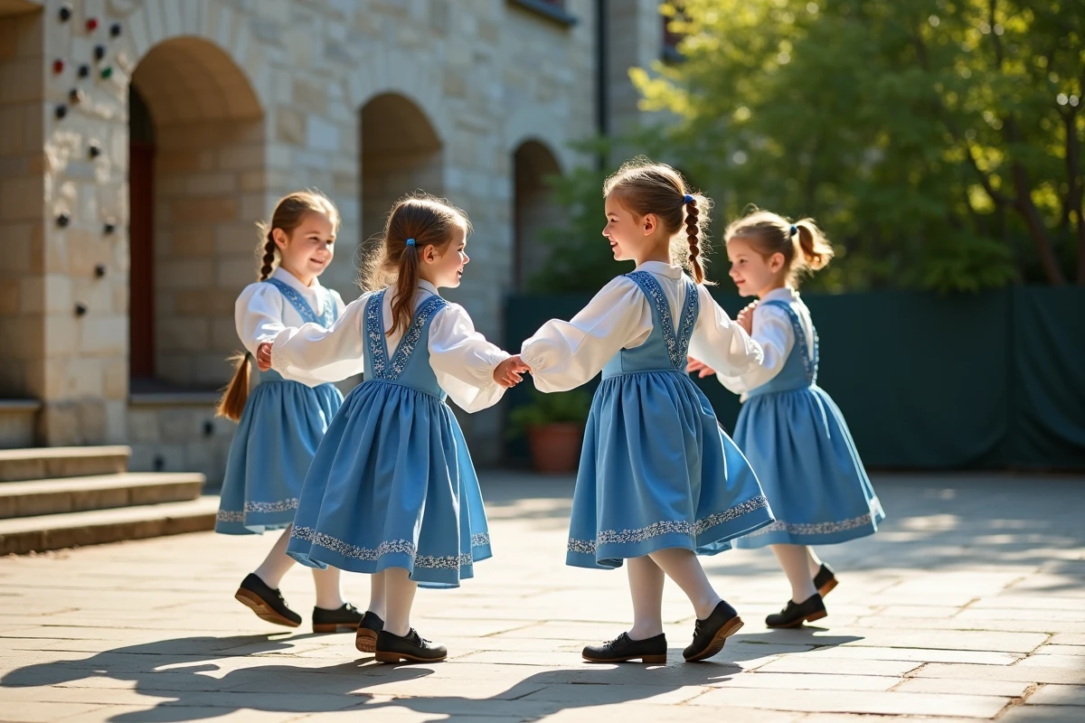 Quatre enfants en costumes folkloriques pratiquant une ronde chorégraphiée dans la cour d'une école primaire