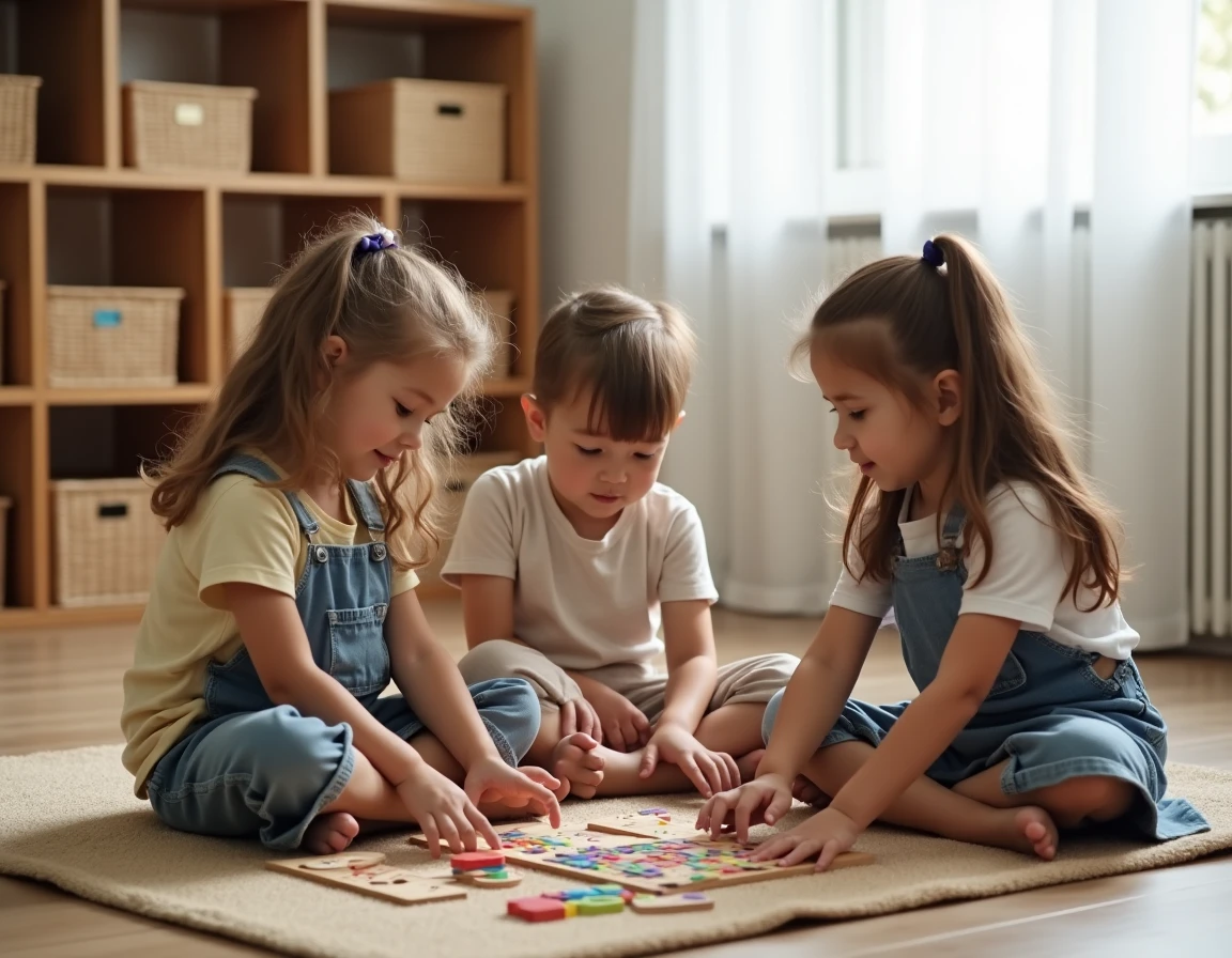 Groupe d'enfants travaillant ensemble sur un jeu Montessori de tables de multiplication avec des perles colorées sur un tapis