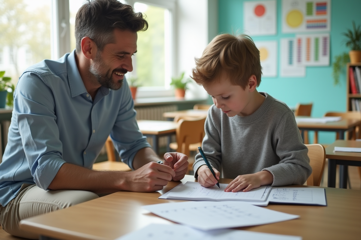 Professeur encourageant un jeune garçon en classe avec tableau et plantes