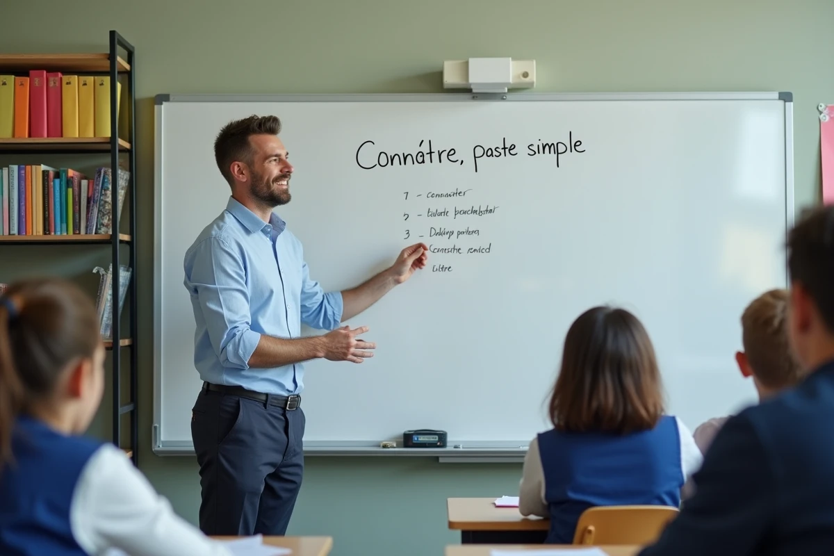 Professeur de français devant le tableau avec conjugaison
