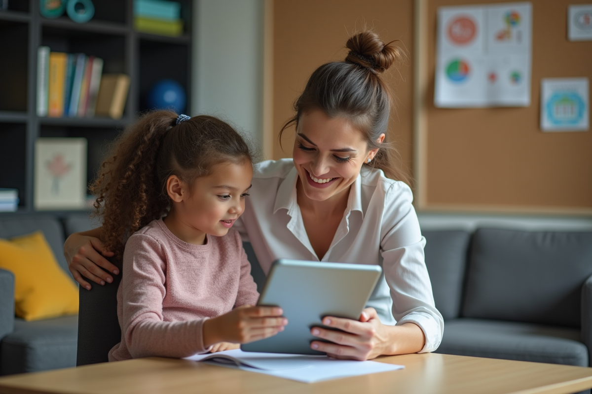 Enseignante souriante aidant une élève avec une tablette