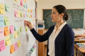 Enseignante pointant un tableau de classes grammaticales dans une salle de classe avec des notes colorées
