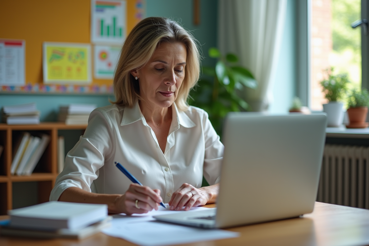 Enseignante vérifiant un formulaire dans sa classe