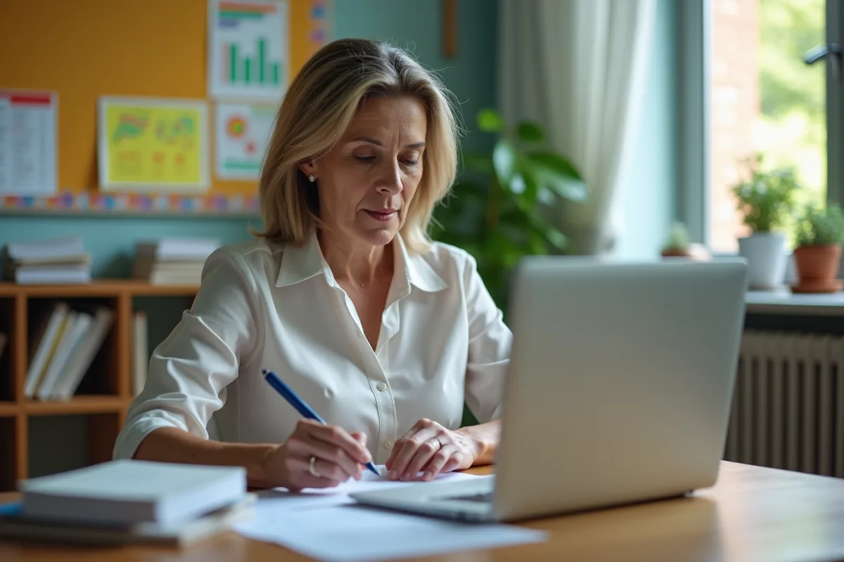 Enseignante vérifiant un formulaire dans sa classe