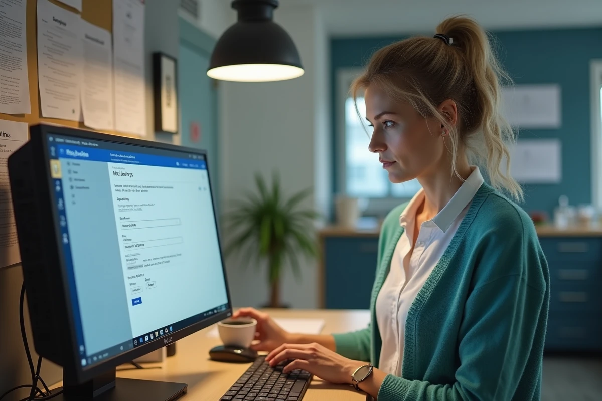 Enseignante configurant la messagerie Toutatice ac-rennes sur Outlook dans une salle des professeurs