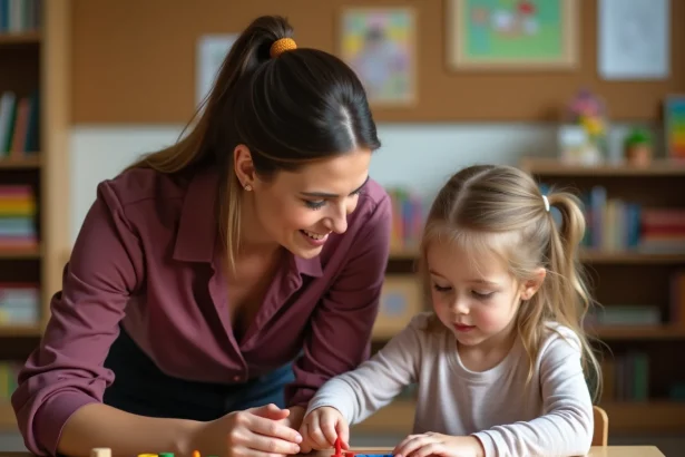 Enseignante Montessori guidant un élève avec des matériaux de tables de multiplication colorés sur une table en bois en classe