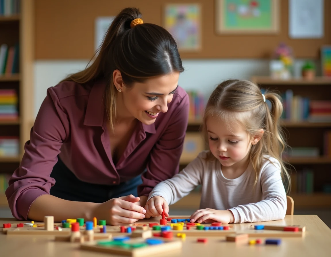 Enseignante Montessori guidant un élève avec des matériaux de tables de multiplication colorés sur une table en bois en classe