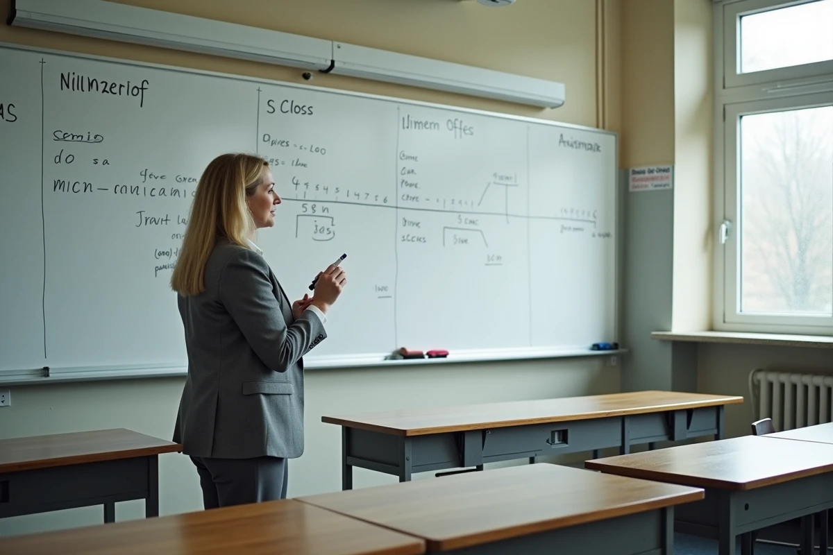 Enseignante expliquant les ordres de grandeur et la notation scientifique au tableau blanc en classe
