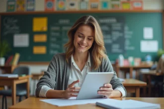 Enseignante femme avec tablette dans une classe accueillante