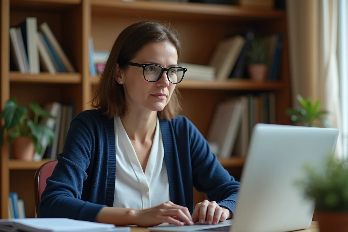 Enseignante en télétravail participant à une visioconférence avec son établissement scolaire depuis son bureau à domicile