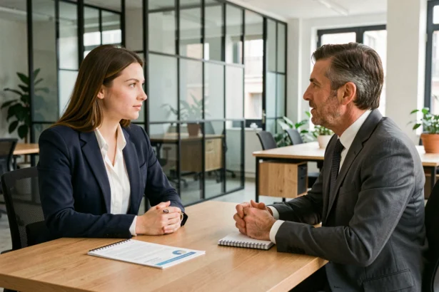 Jeune femme en entretien d'embauche pour une alternance marketing à Bordeaux, face à un recruteur dans un bureau moderne