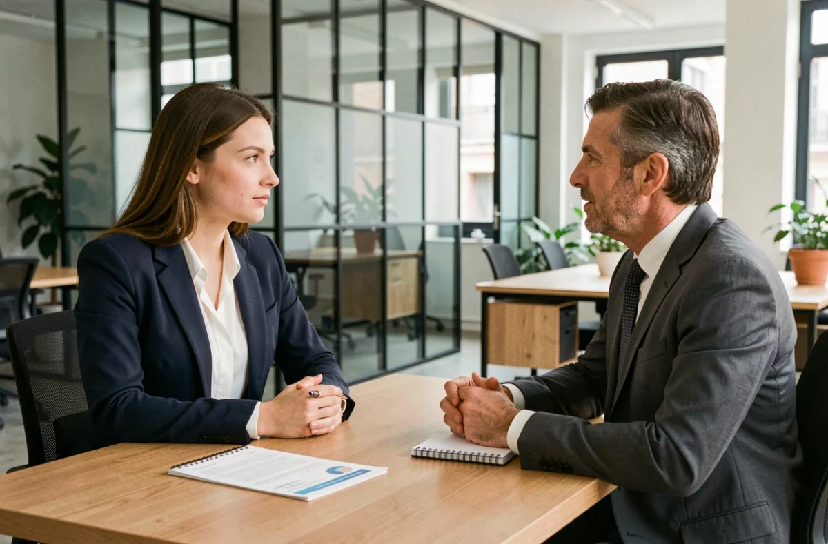 Jeune femme en entretien d'embauche pour une alternance marketing à Bordeaux, face à un recruteur dans un bureau moderne