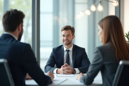 Entretien d'embauche dans un bureau moderne avec candidat confiant