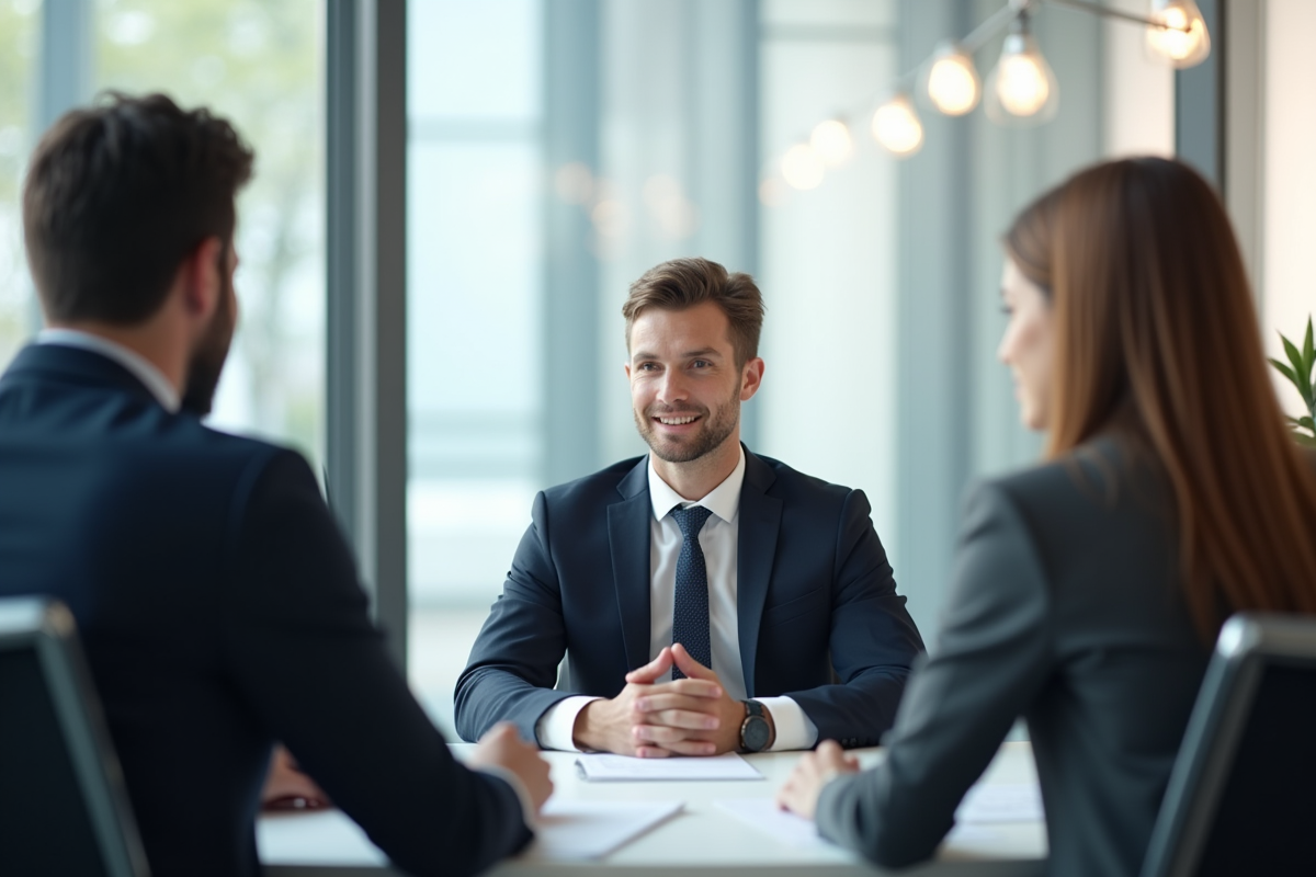 Entretien d'embauche dans un bureau moderne avec candidat confiant