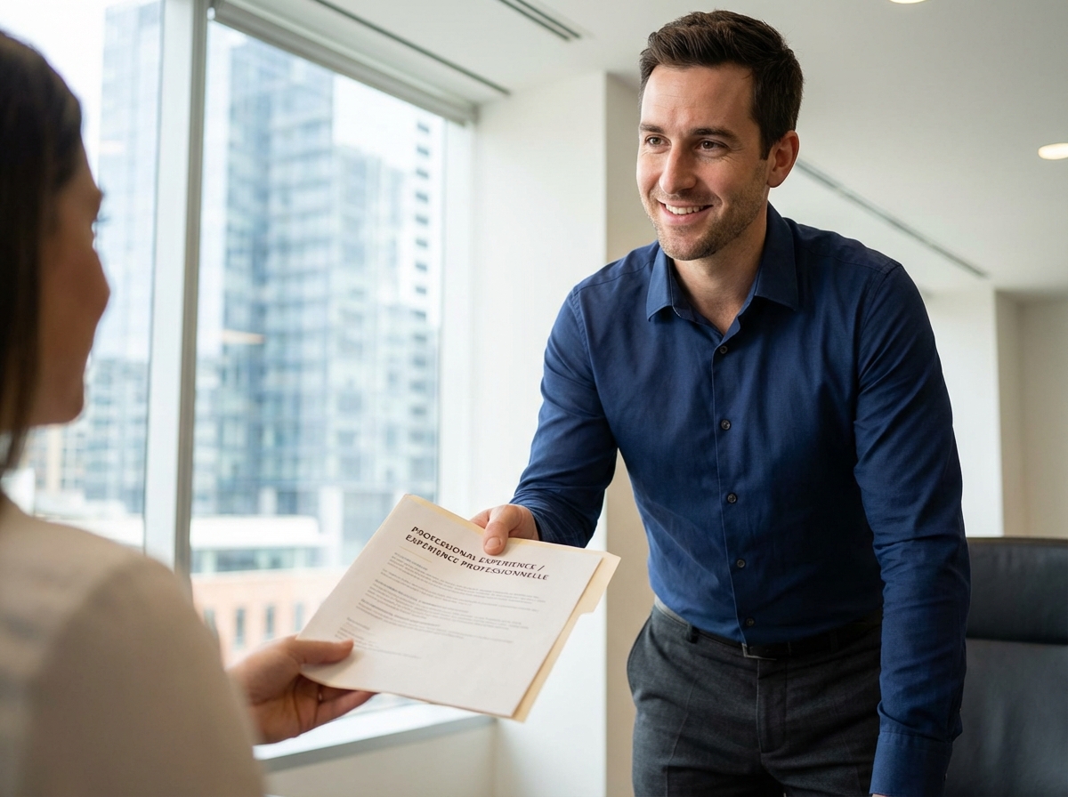 Homme souriant présentant son CV lors d’un entretien