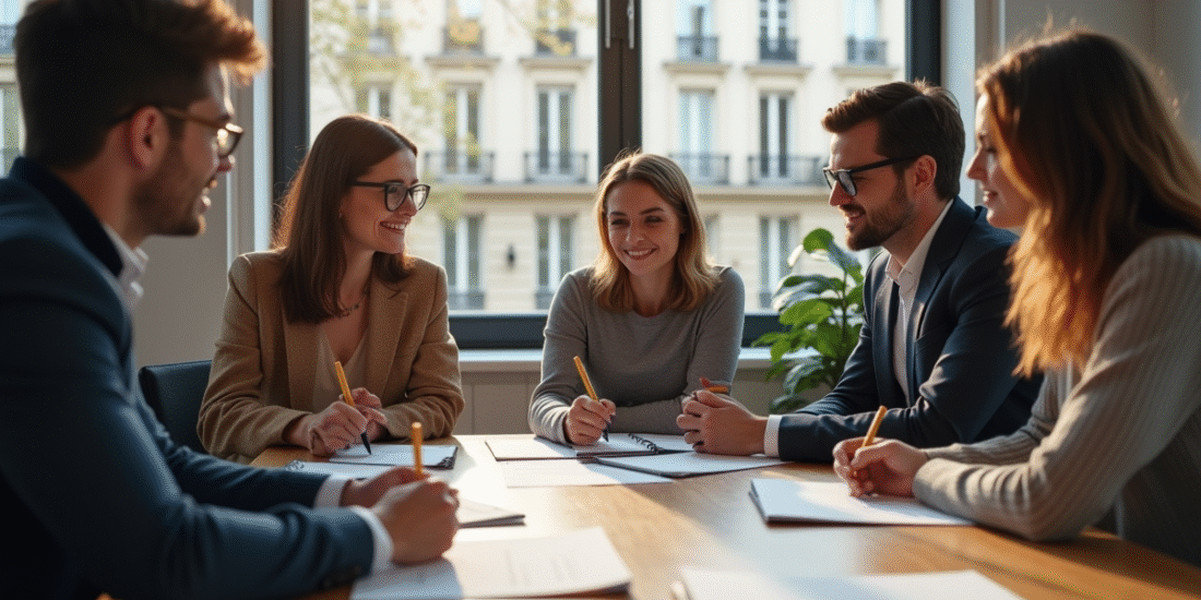 Groupe de jeunes professionnels en réunion à Paris