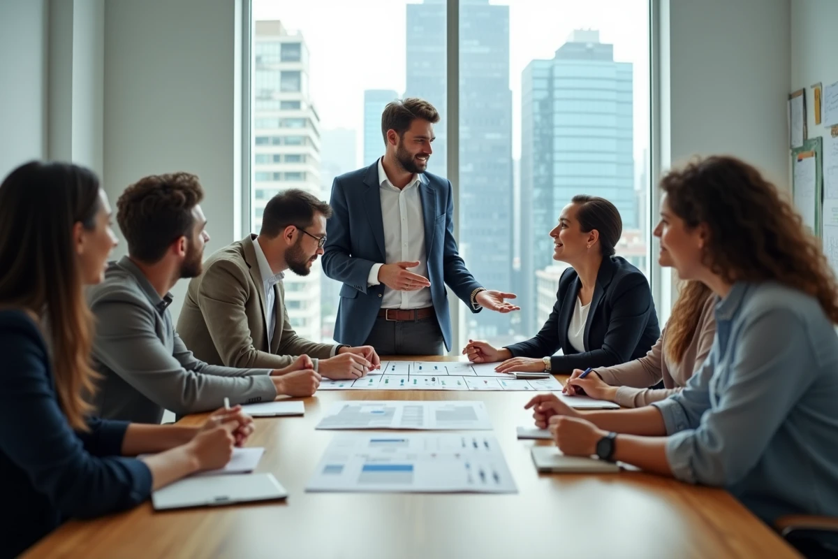 Groupe de cinq professionnels en réunion de travail