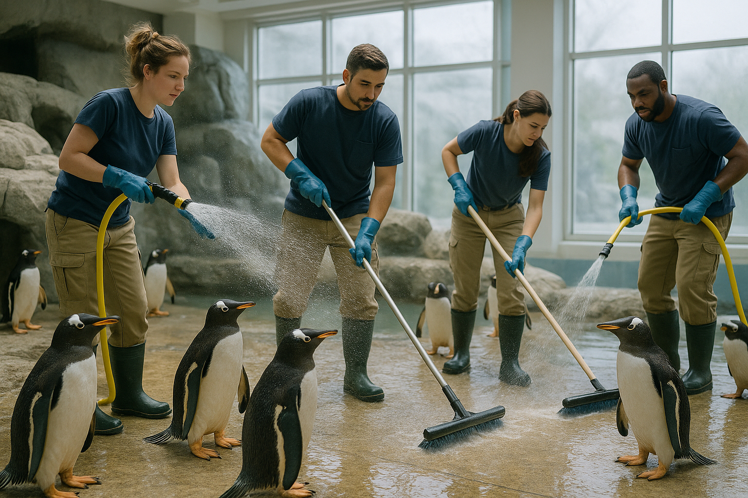 Equipe de soigneurs nettoyant l habitat des pingouins en intérieur