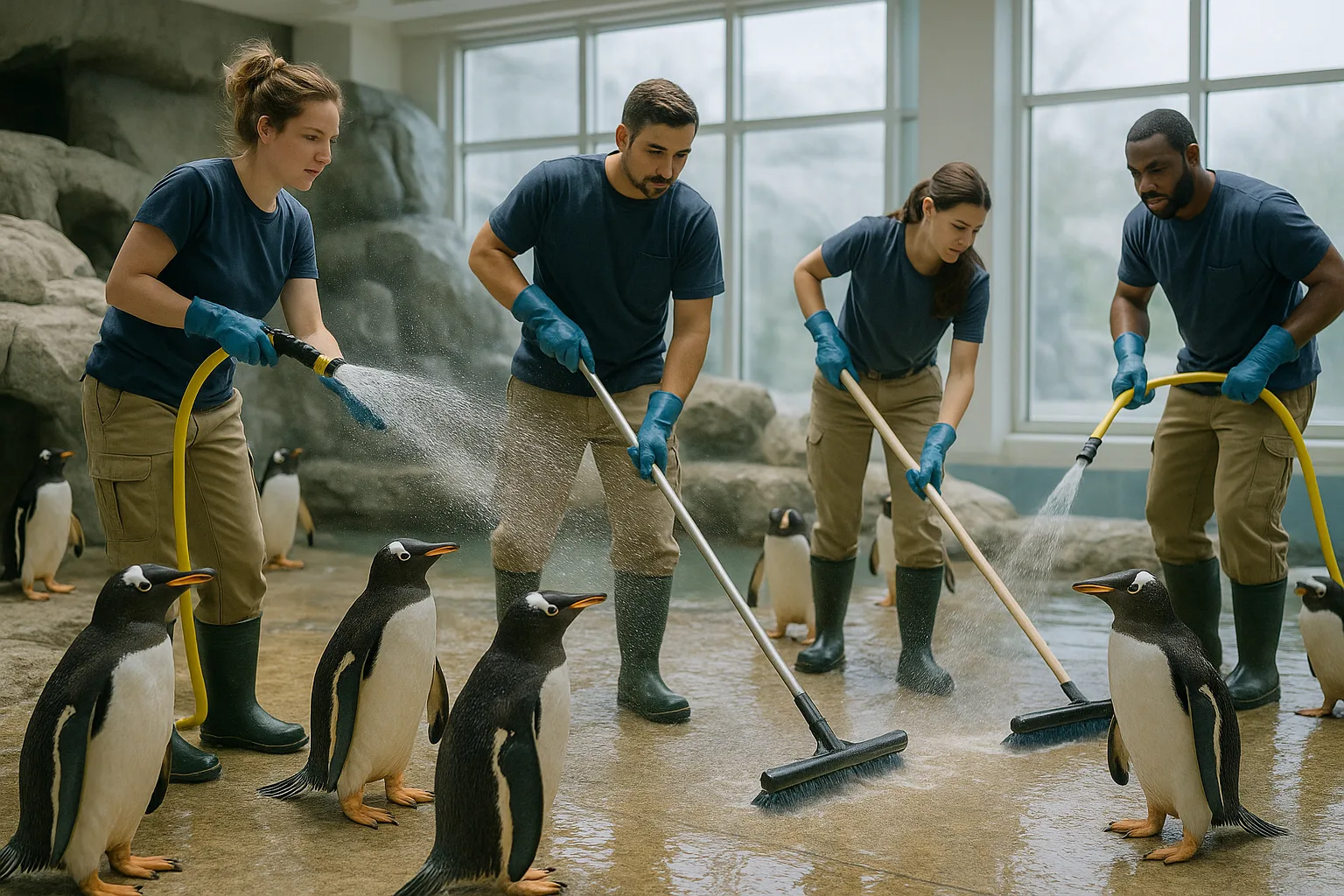 Equipe de soigneurs nettoyant l habitat des pingouins en intérieur