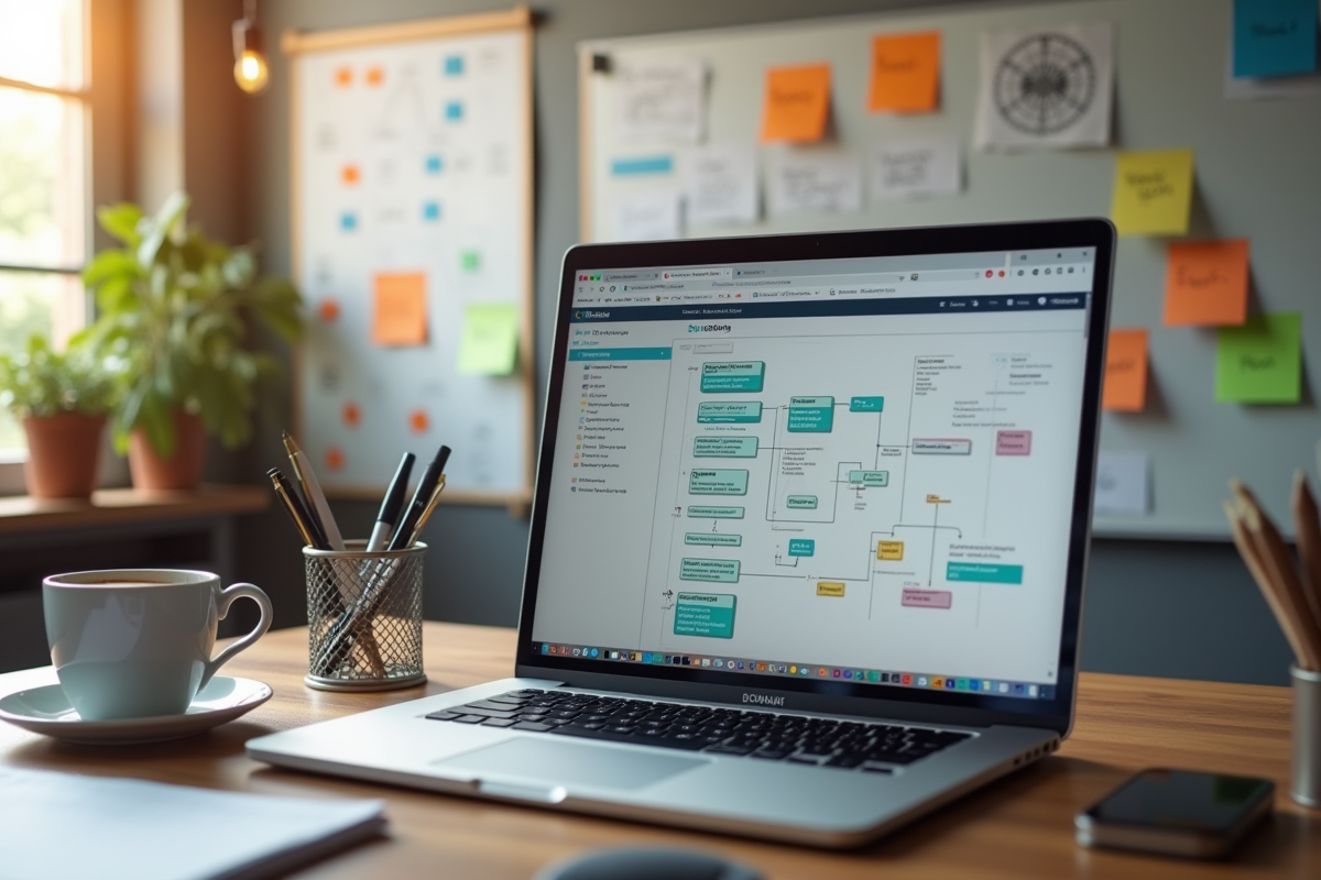 Bureau organisé avec ordinateur workflow et notes