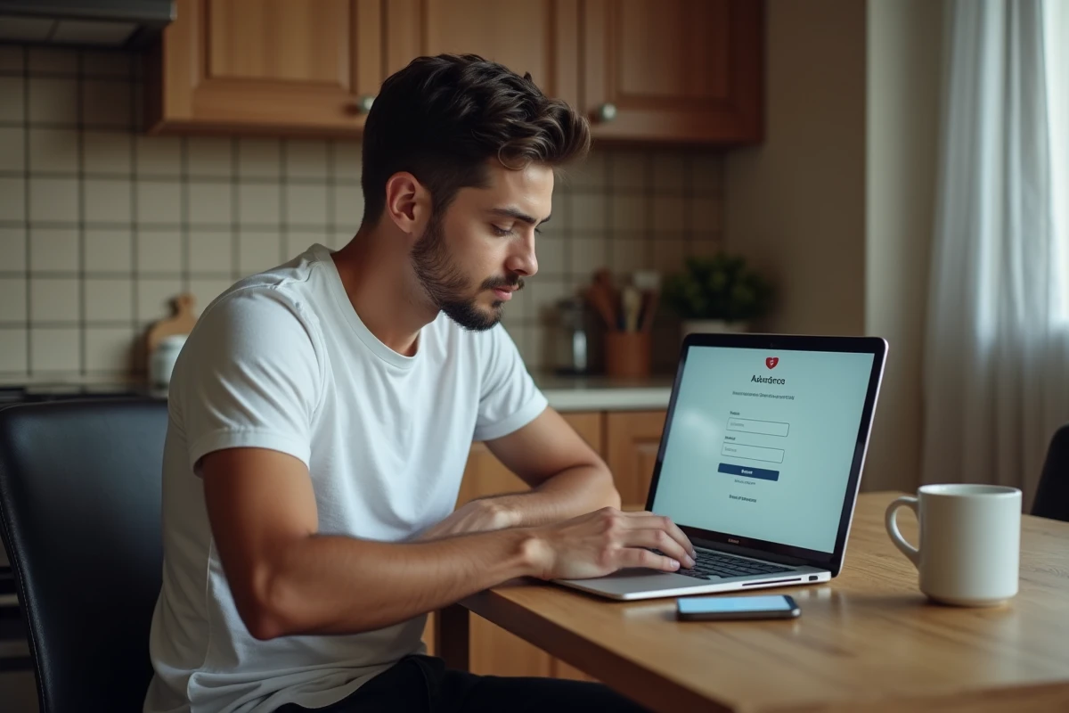 Jeune homme suivant les étapes de première connexion à id.ac-versailles.fr depuis chez lui avec un ordinateur portable et un smartphone