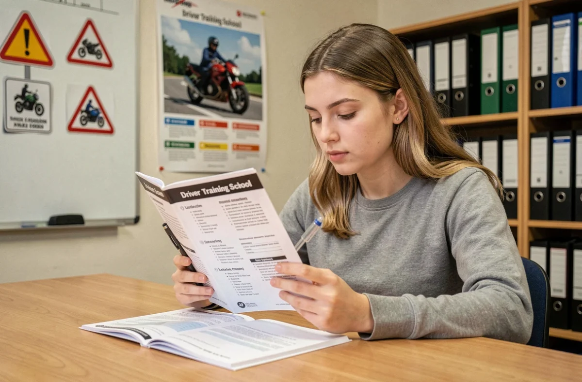Jeune femme étudiant le règlement du permis moto A2 dans une auto-école avec un livret réglementaire ouvert