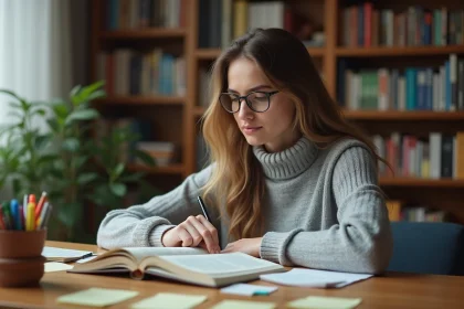 Jeune femme étudiant la grammaire espagnole avec un manuel de conjugaison ouvert et des notes manuscrites sur un bureau en bois