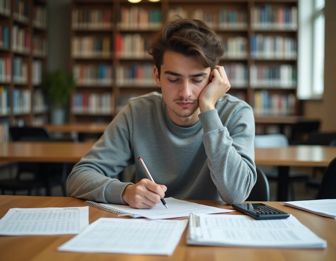 Étudiant en bibliothèque calculant sa moyenne avec coefficients sur smartphone pour gérer son stress scolaire