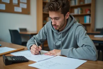 Étudiant calculant le volume d'un cylindre en litres avec une calculatrice et du papier millimétré sur un bureau en bois