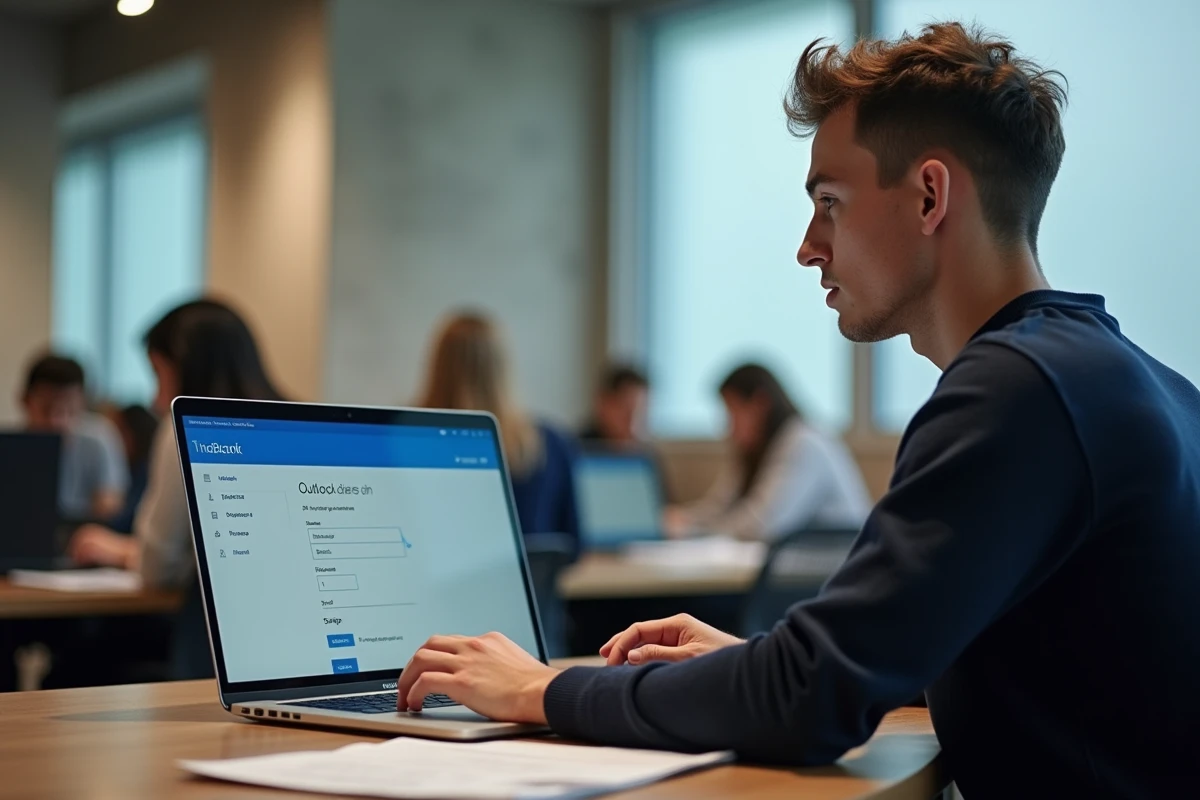 Étudiant configurant un compte de messagerie académique Toutatice sur Outlook dans un espace de travail universitaire