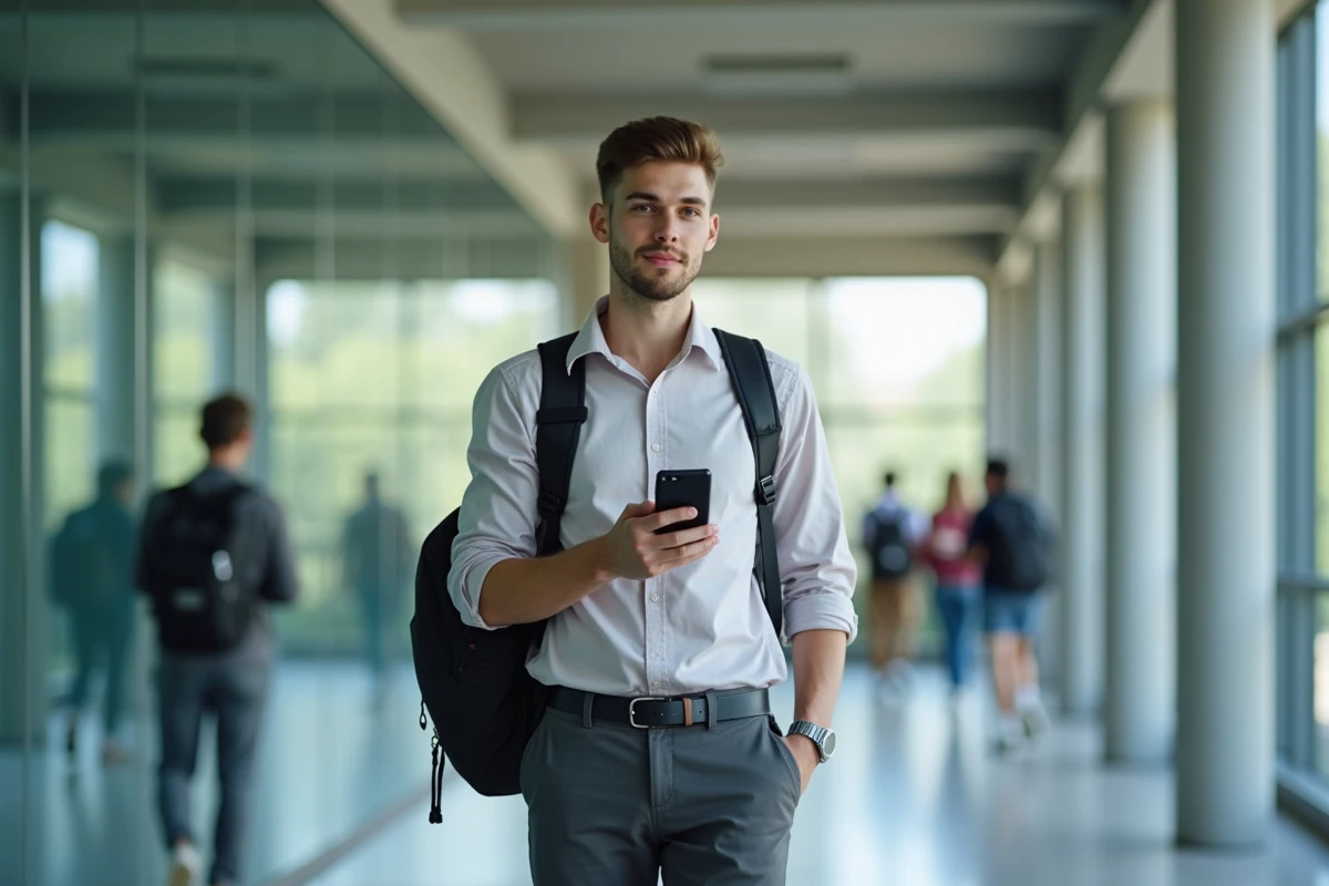 Étudiant consultant l'ENT Unice sur son smartphone dans un couloir moderne de campus universitaire