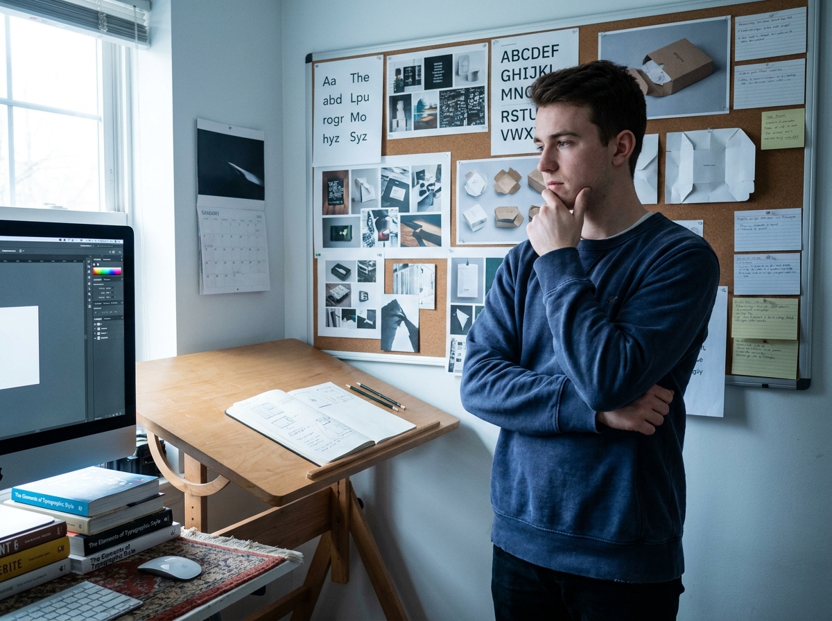 Jeune homme évaluant des planches d'inspiration graphique épinglées au mur dans un studio personnel dédié à l'apprentissage du design
