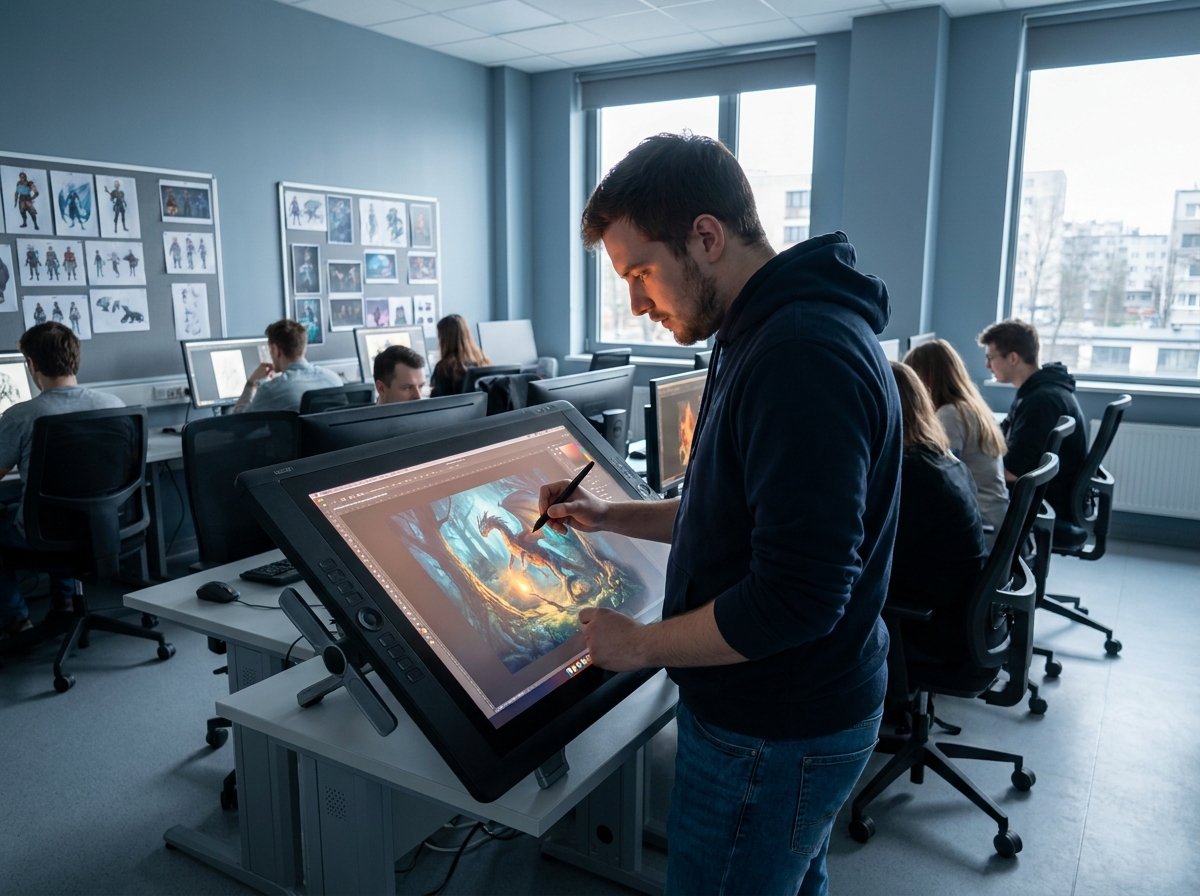 Étudiant en illustration numérique travaillant sur une tablette graphique dans une salle de cours spécialisée
